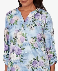 Alfred Dunner Petite Hilton Head Denim Floral Applique Henley Top
