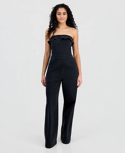 Tinseltown Juniors' Ruffled Strapless Wide-Leg Jumpsuit