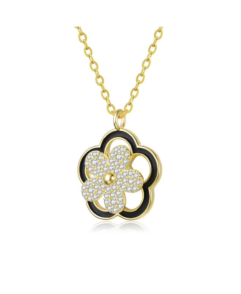 Rachel Glauber 14K Gold Plated with Clear Cubic Zirconia & Black Enamel Flower Design Drop Pendant Necklace