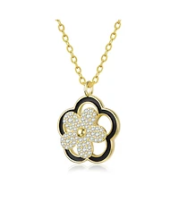 Rachel Glauber 14K Gold Plated with Clear Cubic Zirconia & Black Enamel Flower Design Drop Pendant Necklace