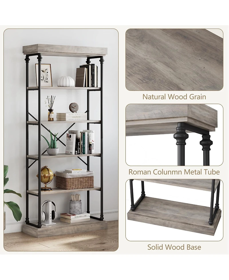 gaomon 6 Tier Bookshelf Industrial Bookcase Wood Tall Standing Bookshelves Wood Vintage Display Rack Rustic Bookshelf