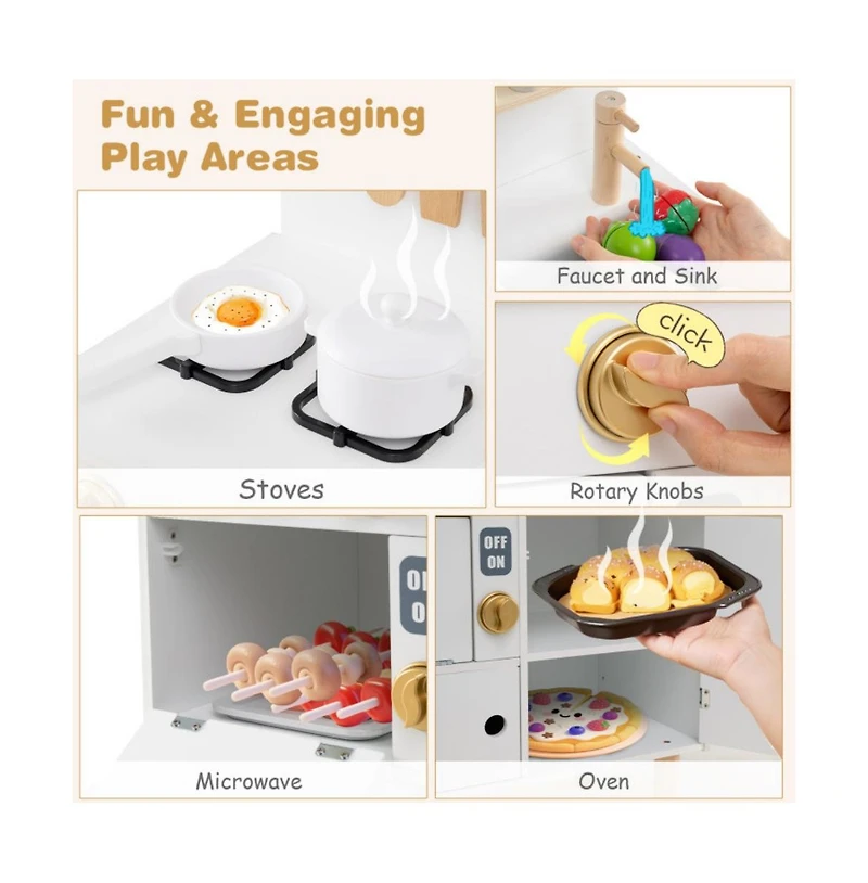 Hongge Wooden Kids Play Kitchen with Stove Sink Microwave and Oven