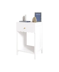 sumyeg Minimalist Scalloped Edge Nightstand with Drawer and Open Shelf in White