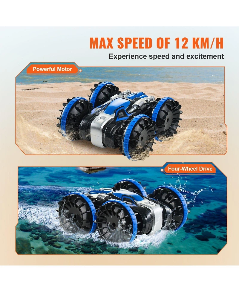 Mecale Amphibious Rc Car Boat, 2.4GHz 12 km/h 4WD Waterproof Car, 360° Rotating Stunt Vehicle with 2 Batteries, Toy for Kids 6