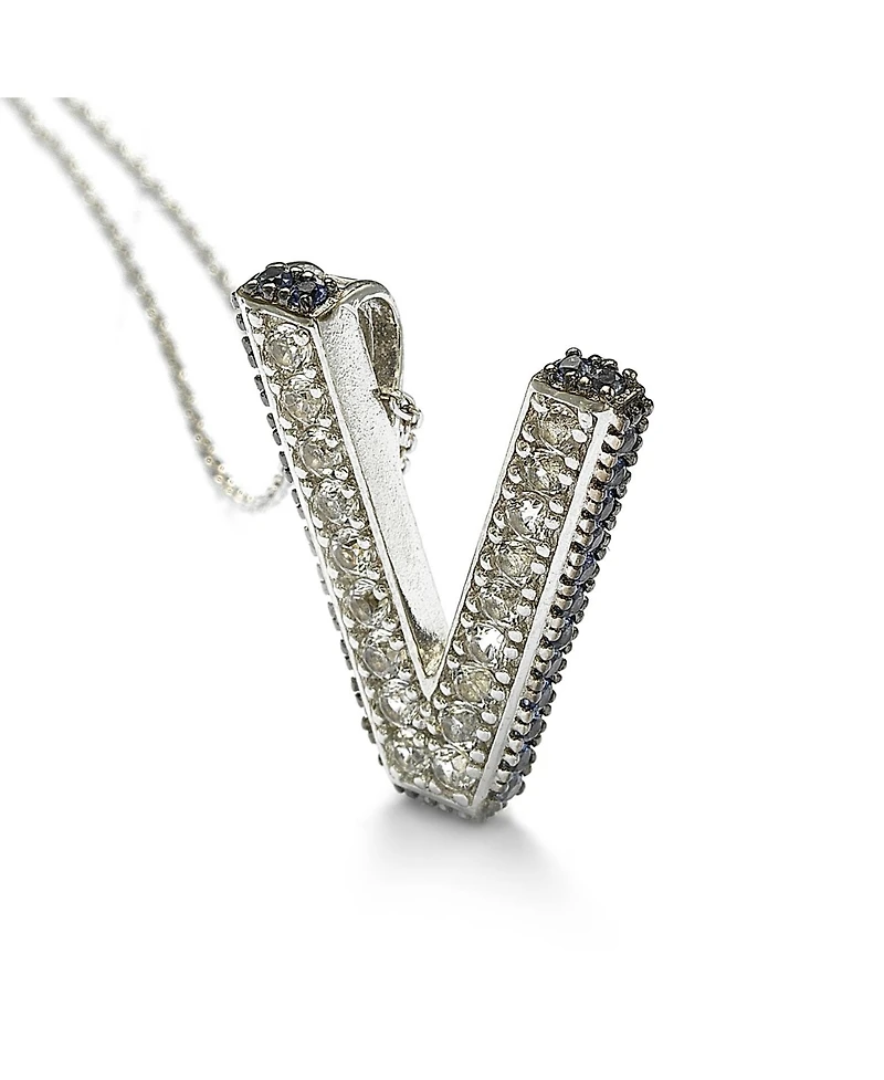 Suzy Levian Sterling Silver Sapphire 3-d Letter "V" Initial Pendant
