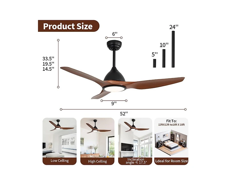 52-inch Modern Black 3-Blade Ceiling Fan with Led Light and Remote Control