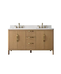 Casainc 60" Double Bathroom Vanity with Carrara Engineered Stone Top, Ceramic Sink and Soft-Close Drawers