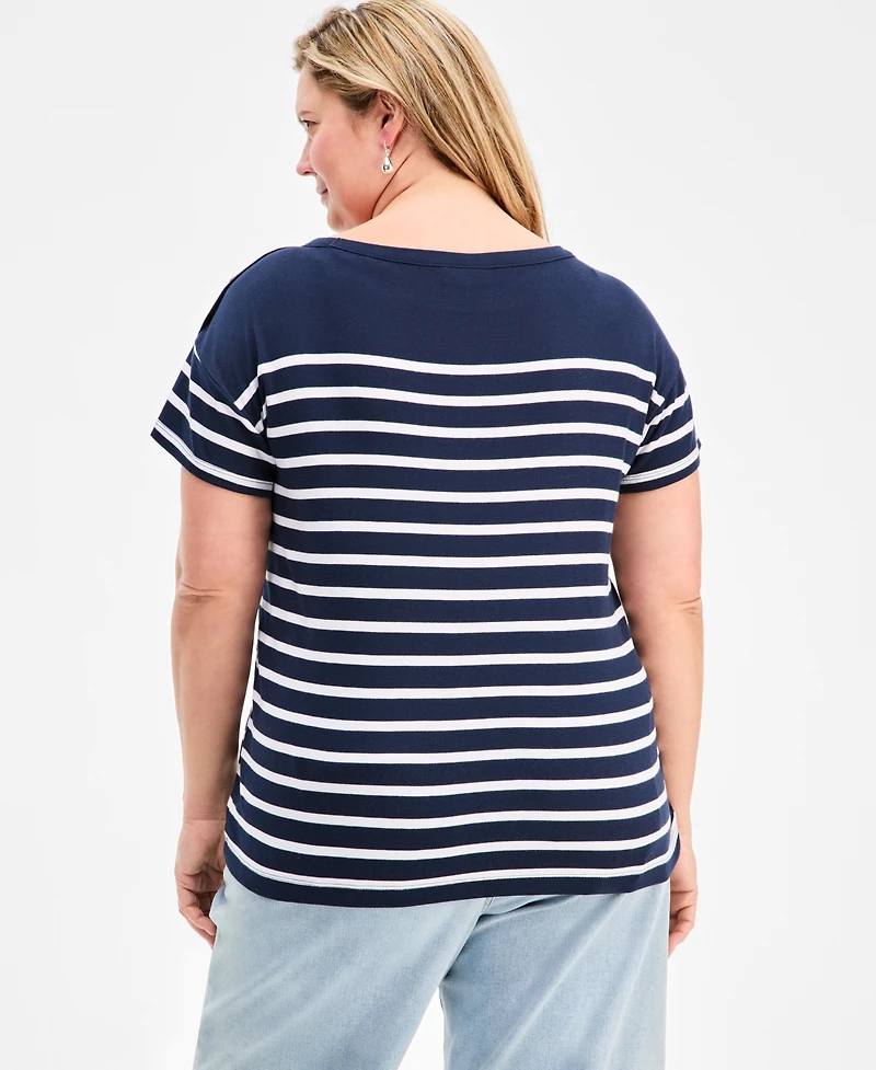 Style & Co Plus Stripe Button-Trim T-Shirt, Exclusively at Macy's