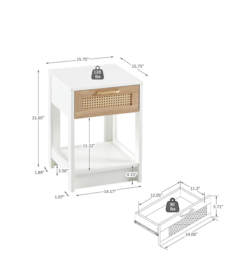 sumyeg Modern Rattan End Table with Drawer Nightstand Side