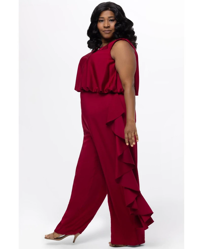 Celebrations by Sydney's Closet Women's V-Neck Stretch Satin Jumpsuit with Ruffles