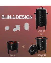 Outsunny 3-In-1 Outdoor Charcoal Bbq Smoker and Grill with 2 Cooking Racks