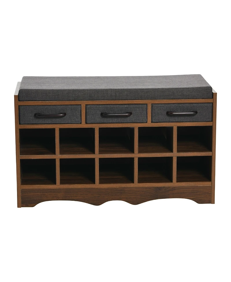 Household Essentials Entryway Storage Bench with Drawers, Shoe Compartments and Cushioned Seat in Mid Century Walnut Wood Grain