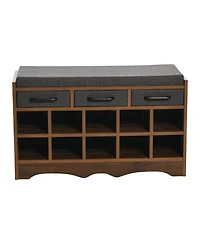 Household Essentials Entryway Storage Bench with Drawers, Shoe Compartments and Cushioned Seat in Mid Century Walnut Wood Grain