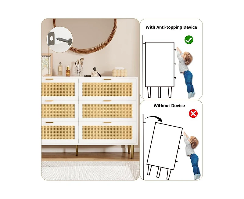 gaomon Natural Rattan 6 Drawer Dresser for Bedroom