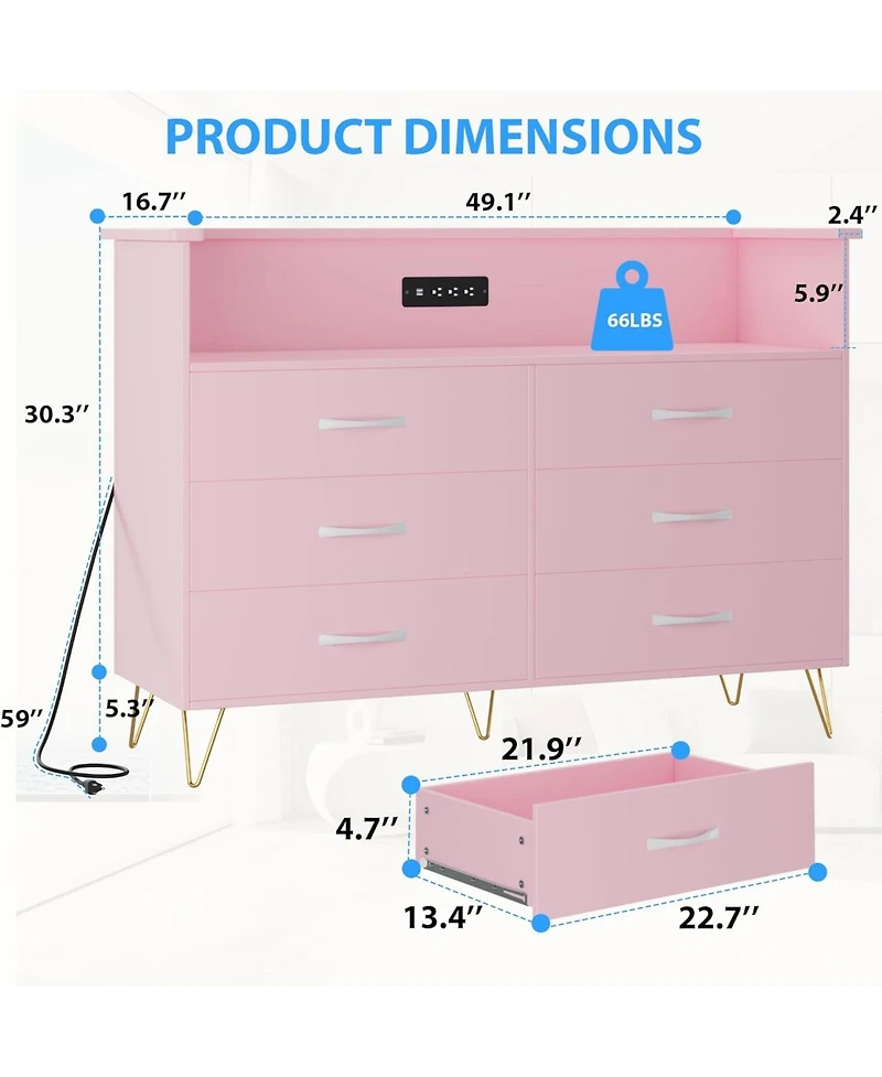 gaomon 6-Drawer Bedroom Dresser with Led Lighting and Power Outlet Wide Modern Chest with 2-Tier Open Storage for Living Room Hallway or Entryway