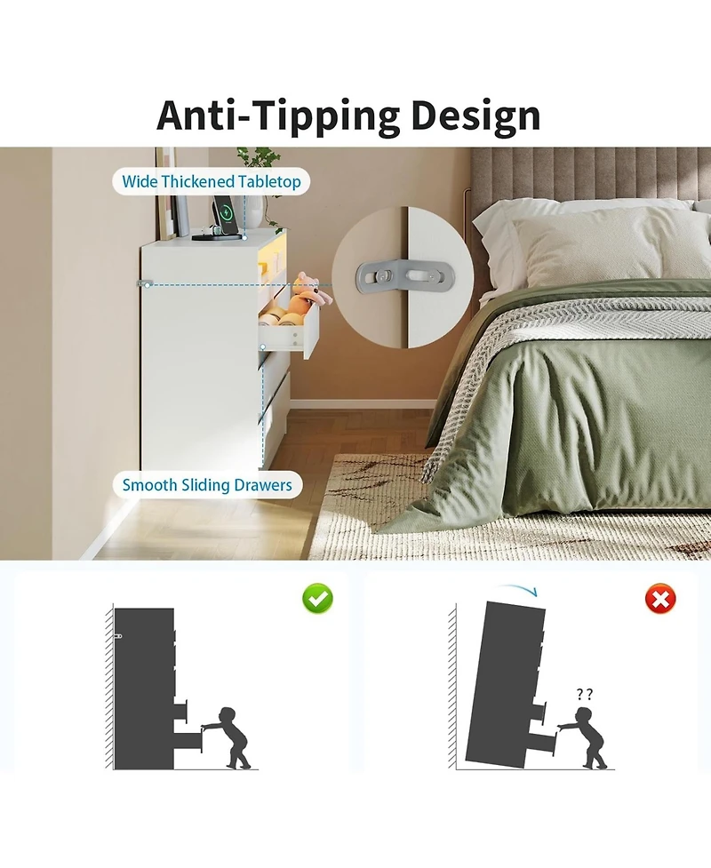 gaomon 6-Drawer Dresser with Led Lighting & Charging Station, Modern Storage Chest with Power Outlets for Bedroom, Living Room, or Entryway