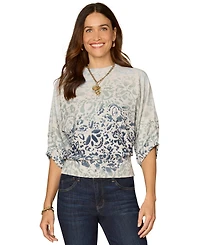 Democracy Petite Round Neck Dolman-Sleeve Printed Top