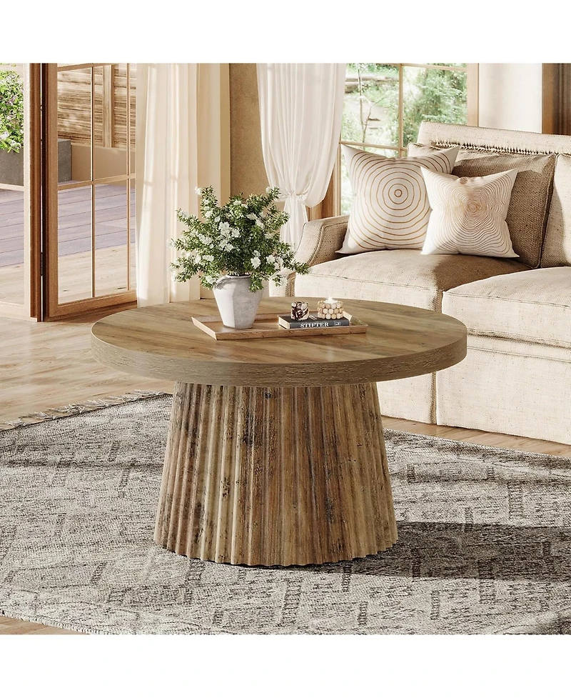 Tribesigns Round Coffee Table, 31.5" Modern Circle Center Table with Fluted Drum Base and Wood Grain Finish