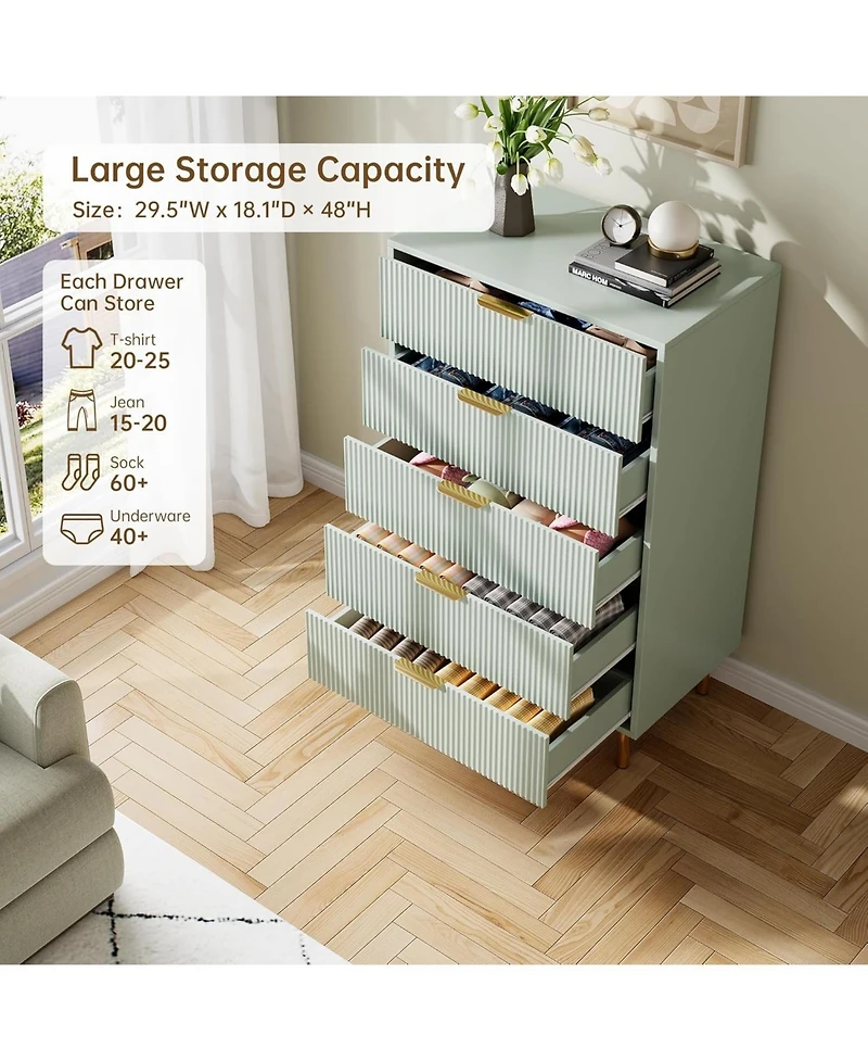 Gaomon + 5-Drawer + Wood + Modern Design with Gold Pulls + Bedroom Dresser