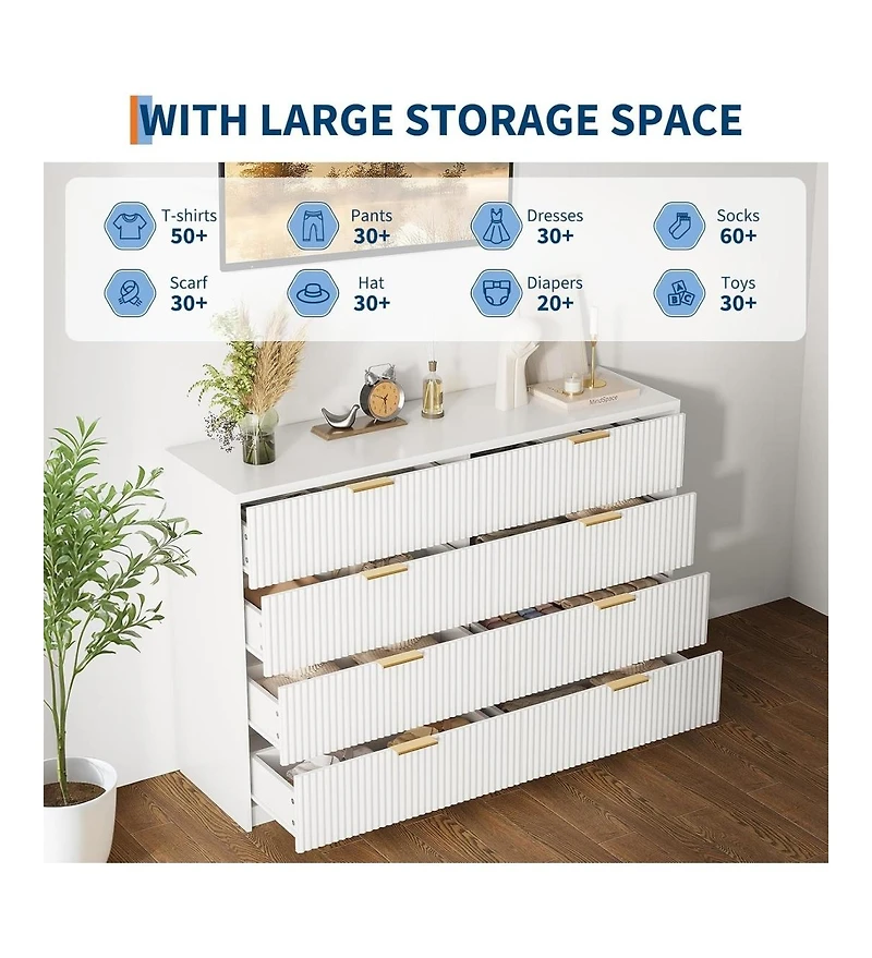 gaomon 8 Drawer Fluted Dresser for Bedroom, 55" Wide Modern Chest of Drawers with Metal Handle, Wood Tv Stand, Large