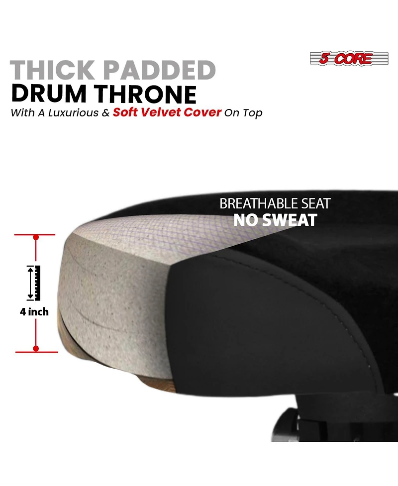 5 Core Drum Throne w Backrest 4" Padded Stool Airlift 25" Adjustable Drummer 441Lb Capacity
