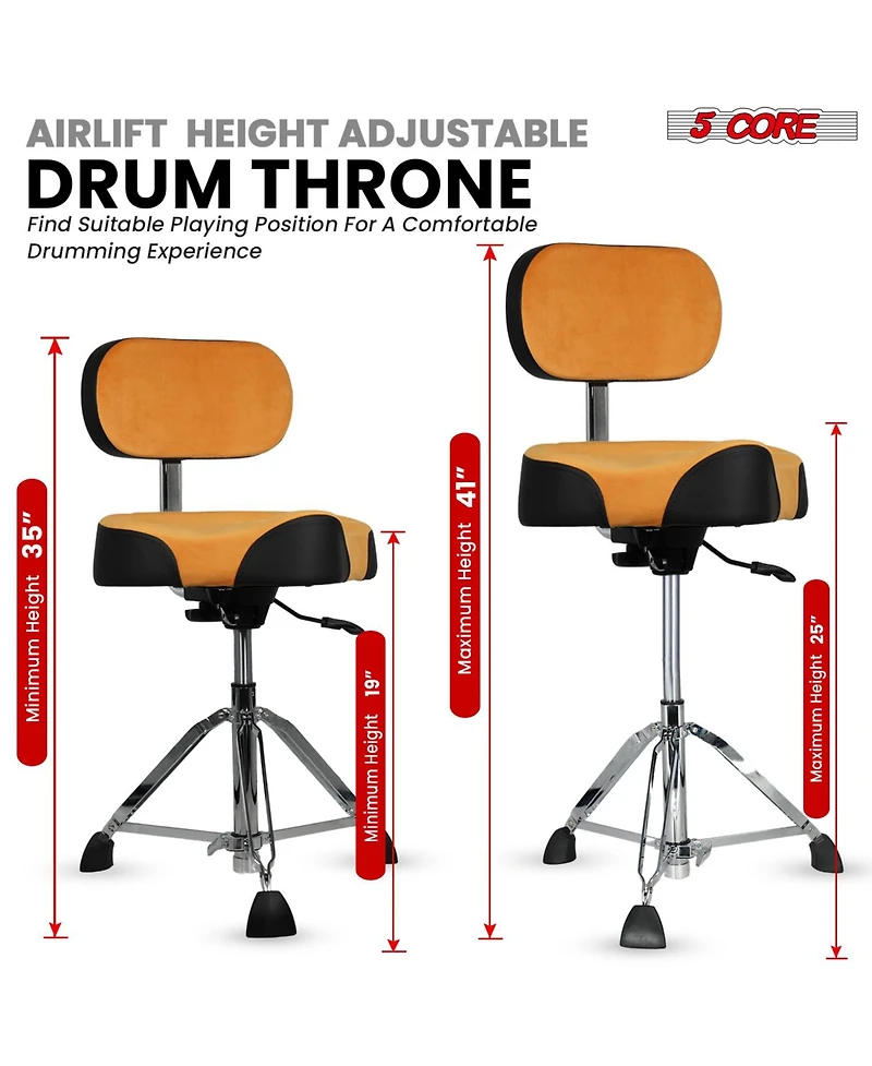 5 Core Drum Throne w Backrest 4" Padded Stool Airlift 25" Adjustable Drummer 441Lb Capacity