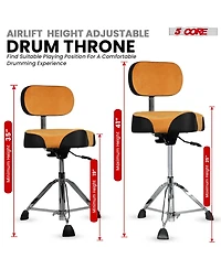 5 Core Drum Throne w Backrest 4" Padded Stool Airlift 25" Adjustable Drummer 441Lb Capacity