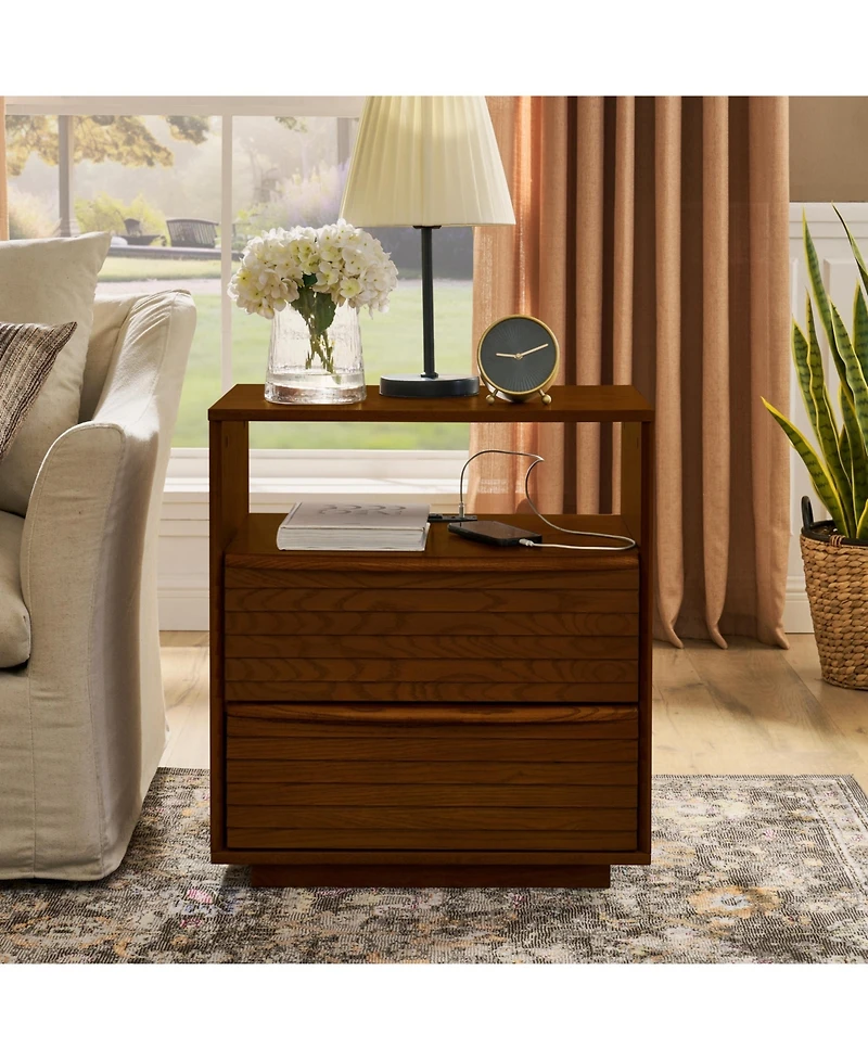 Lovmor Mid Century Nightstand 2 Drawers Usb Outlet Louver Wood Bedside End Table