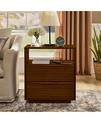 Lovmor Mid Century Nightstand 2 Drawers Usb Outlet Louver Wood Bedside End Table