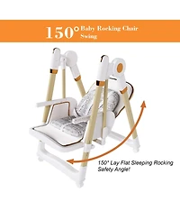 Cesicia Plastic 2-in-1 Baby High Chair Rocker with 5-Point Harness, Foldable Infant Feeding Chair with Silent Locking Wheels and Removable 2-Tier Tray