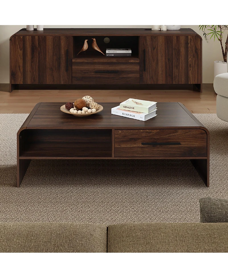 LuxenHome Walnut Finish 2-Drawer Coffee Table, Engineered Wood Open Storage Center Table with Rounded Corners for Living Room