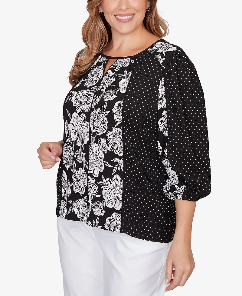 Ruby Rd. Plus Floral Panel Crinkle Knit Peasant Top