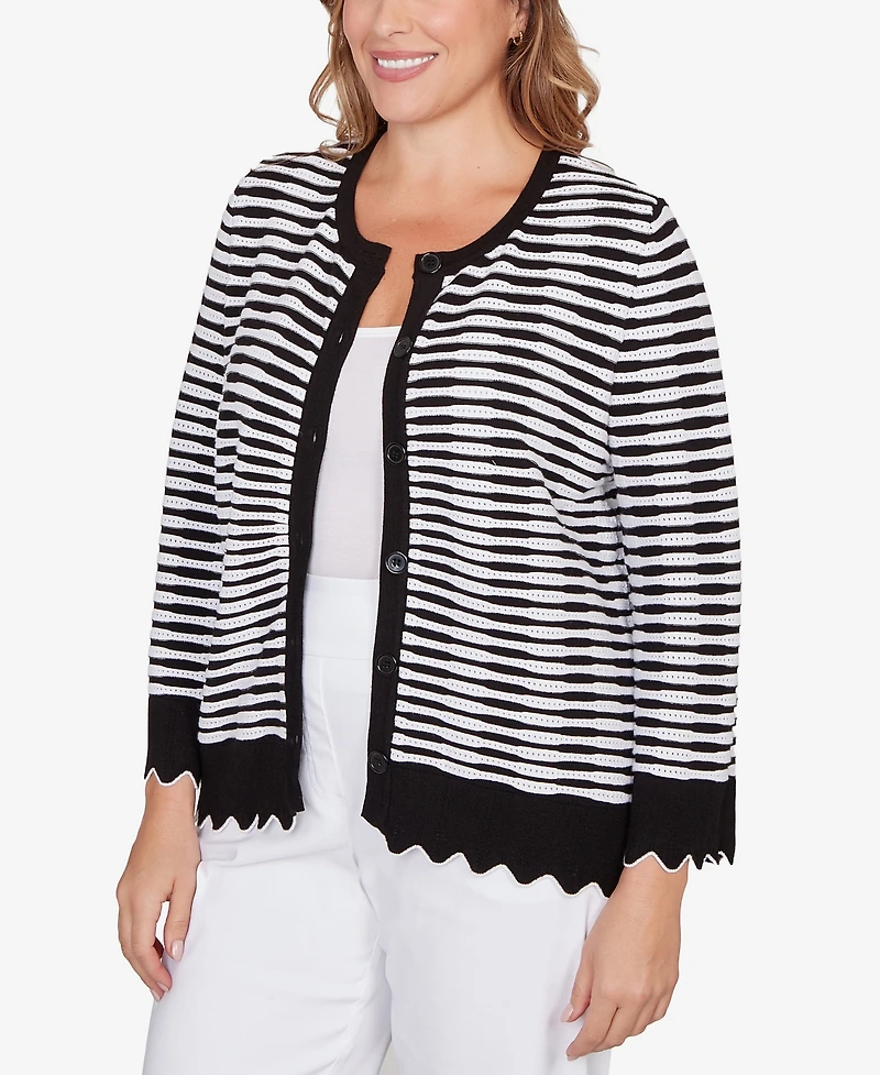 Ruby Rd. Plus Scallop Trim Striped Button Cardigan Sweater