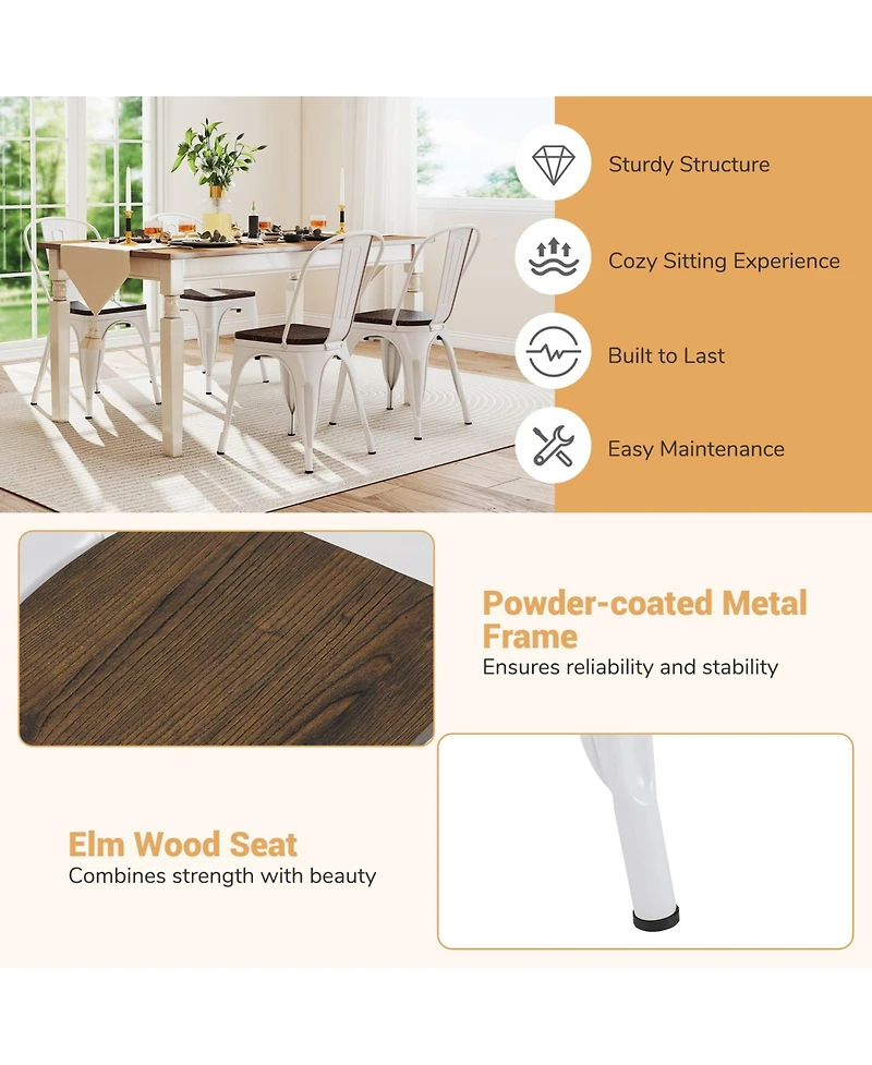 Gymax Tolix Style Metal Dining Chairs Set of 4 w/Wood Seat & Removable Backrest