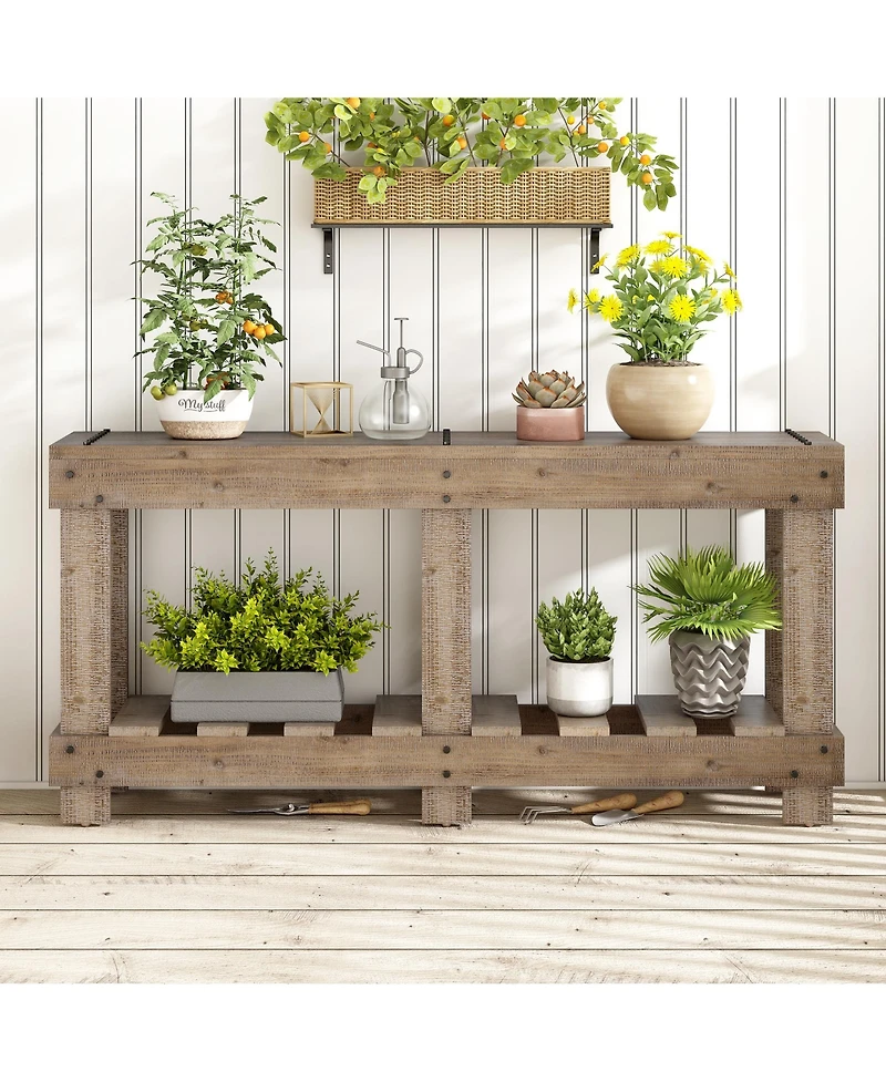 Lovmor 62.9" Vintage Entryway Table , 6 Reinforced Legs & 4.5" Thick Desktop, Metal Rivet Decor & Plank Under-Shelf, Console Table