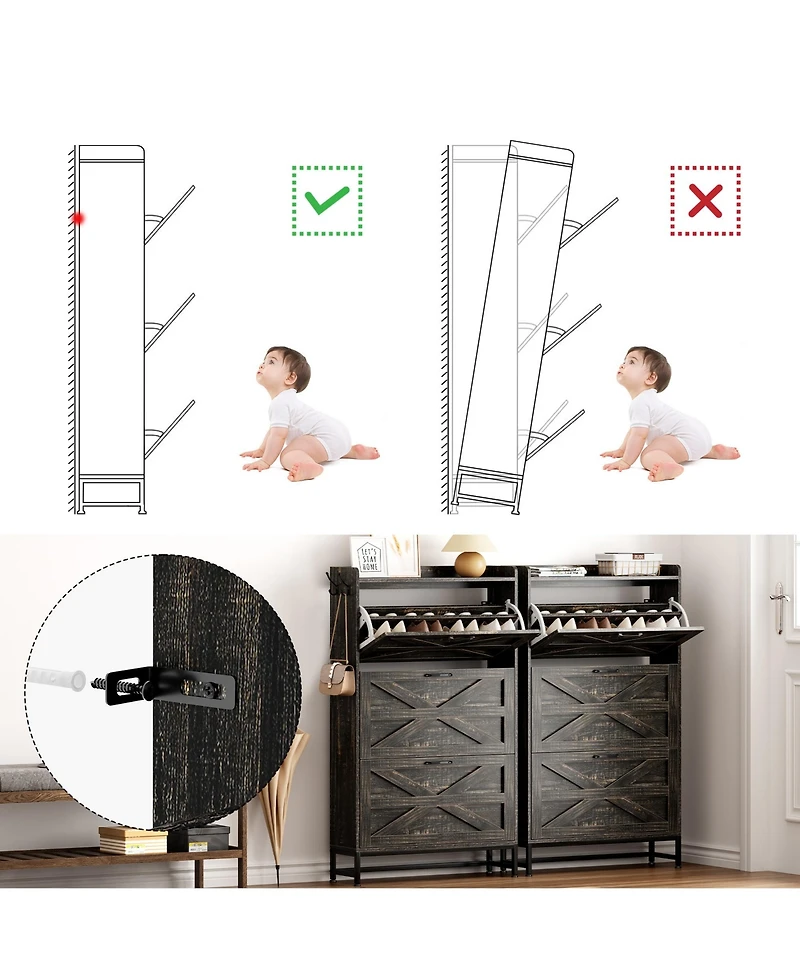 Lovmor Ultra Slim Shoe Cabinet 2 Drawer Entryway Storage Rack Narrow Rustic Brown