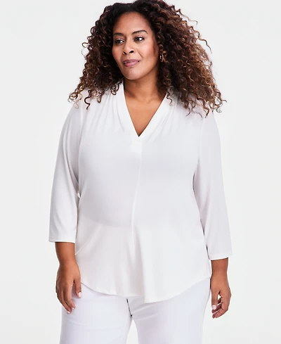 Jm Collection Plus Solid V-Neck 3/4-Sleeve Top, Exclusively at Macy's