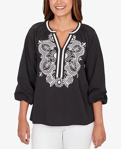 Ruby Rd. Petite Embroidered Soft Poplin Peasant Top