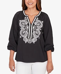 Ruby Rd. Petite Embroidered Soft Poplin Peasant Top