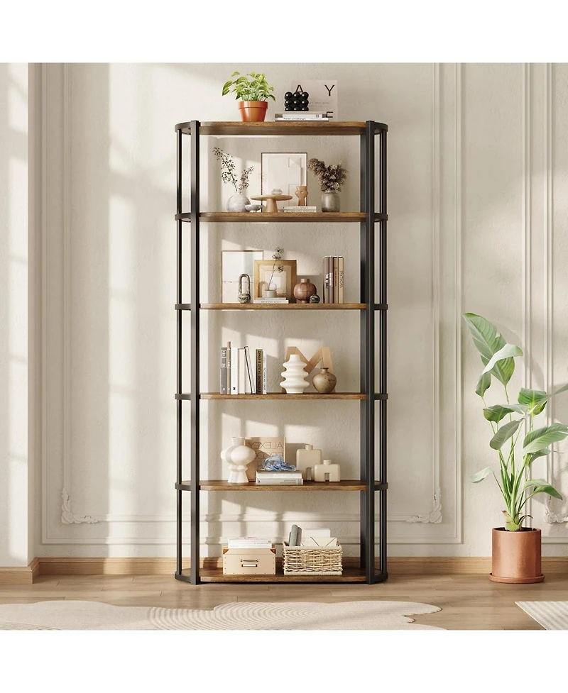 gaomon 6-Tier Wooden Bookshelf, 71" Industrial Tall Bookcase with Metal Frame, Large Open Storage Shelf for Living Room, Bedroom, Office