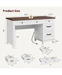 gaomon 53.5" Farmhouse Executive Desk with File Drawers, Charging Station, Computer Desk with Storage, Home Office Writing Table