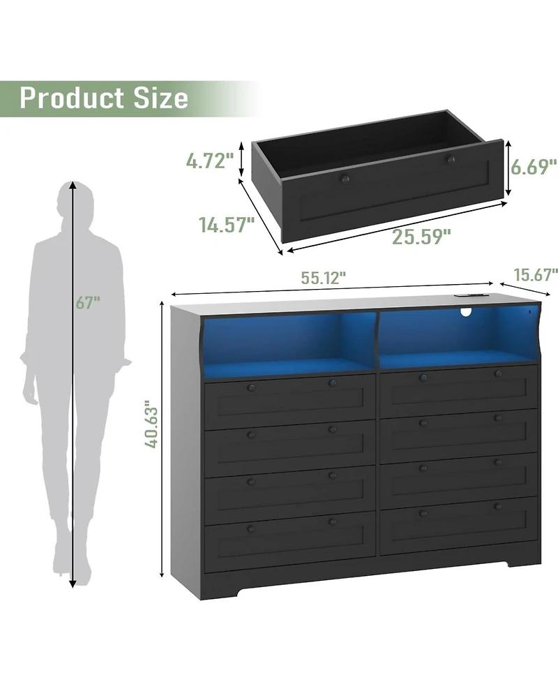 gaomon 8 Drawer Wood Dresser, Wide Chest Storage for Bedroom, Living Room, Hallway, Tv Stand Up to 55"