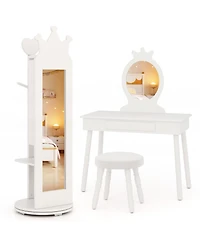 Gymax Kids Vanity Set Princess Makeup Dressing Table &Chair Set w/ Coat Rack