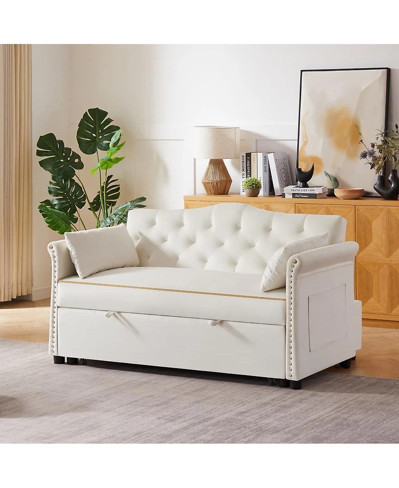 Maison Boucle Velvet Pull Out Sofa Bed with Nailhead Arms, Sleeper Sofa with Tufted Back for Small Spaces, Guest Room, Living Room