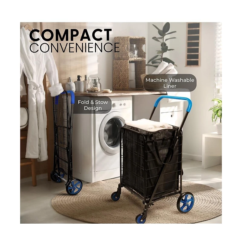 SereneLife Folding Utility Cart with Liner, Heavy-Duty, 360° Swivel Wheels, 70 lb Capacity, Portable for Groceries