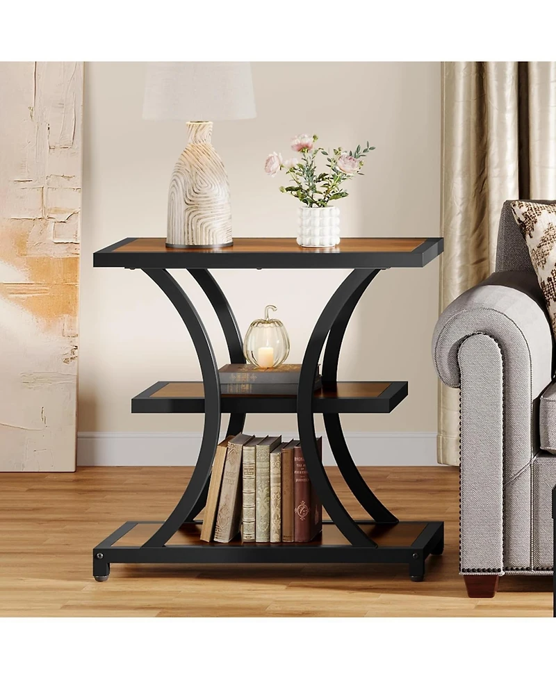 Tribesigns End Table with Storage Set of 2, 3-Tier Side Table with Geometric Metal Design, Industrial Nightstand
