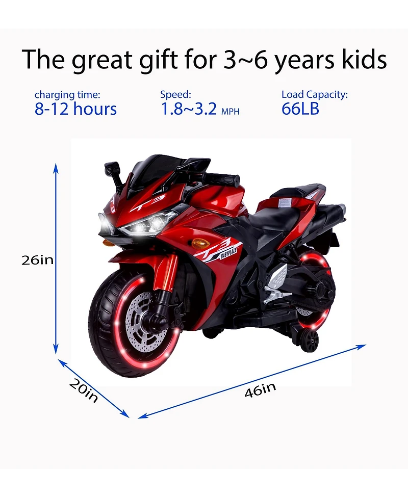 Cesicia Red 12 V Kids Motorcycle for 3-8 Years Kids, Kids Ride On Toy with Training Wheels, Manual Throttle, Drive By Hand and Lighting Wheels