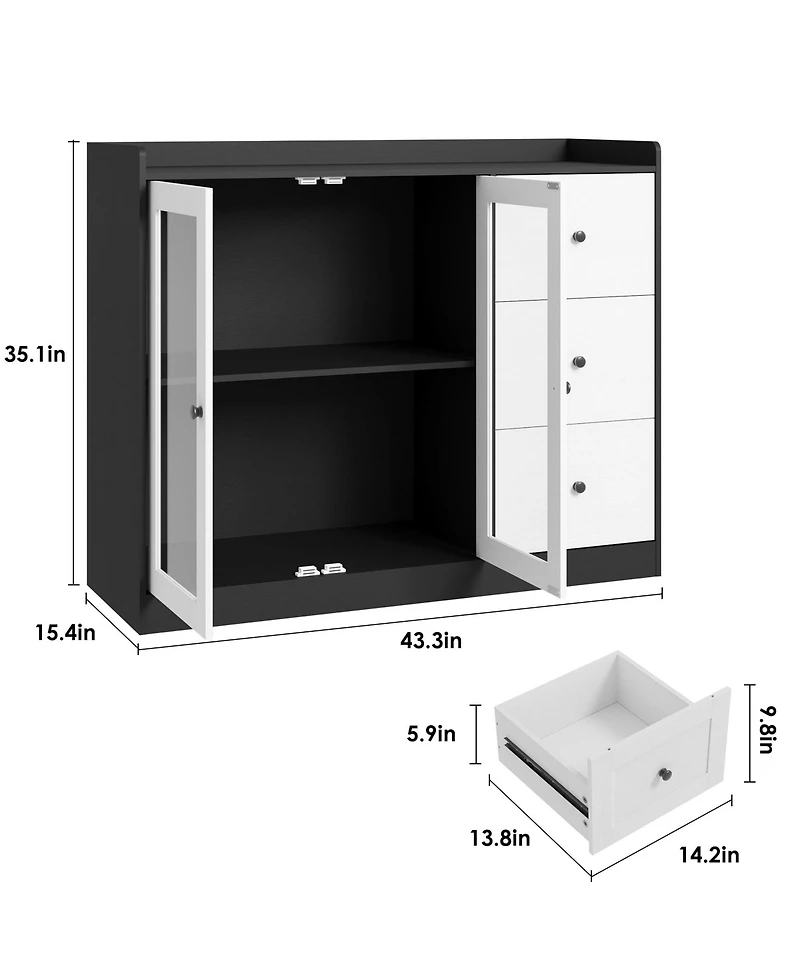 Gaomon Sideboard Buffet Cabinet with Storage, 43" Coffee Bar Cabinet with Glass Doors and 3 Drawers