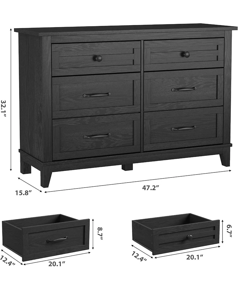Gaomon 6-Drawer Black Bedroom Dresser, 47" Wide Freestanding Chest with Storage, Wooden Closet Organizer for Living Room, Bedroom, Entryway