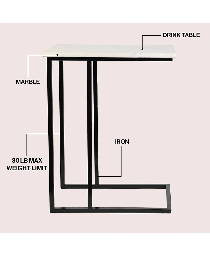 Jonathan Y Caius 24.25" Designer Industrial Metal C-Shaped End Table and Side Couch with White Marble Top